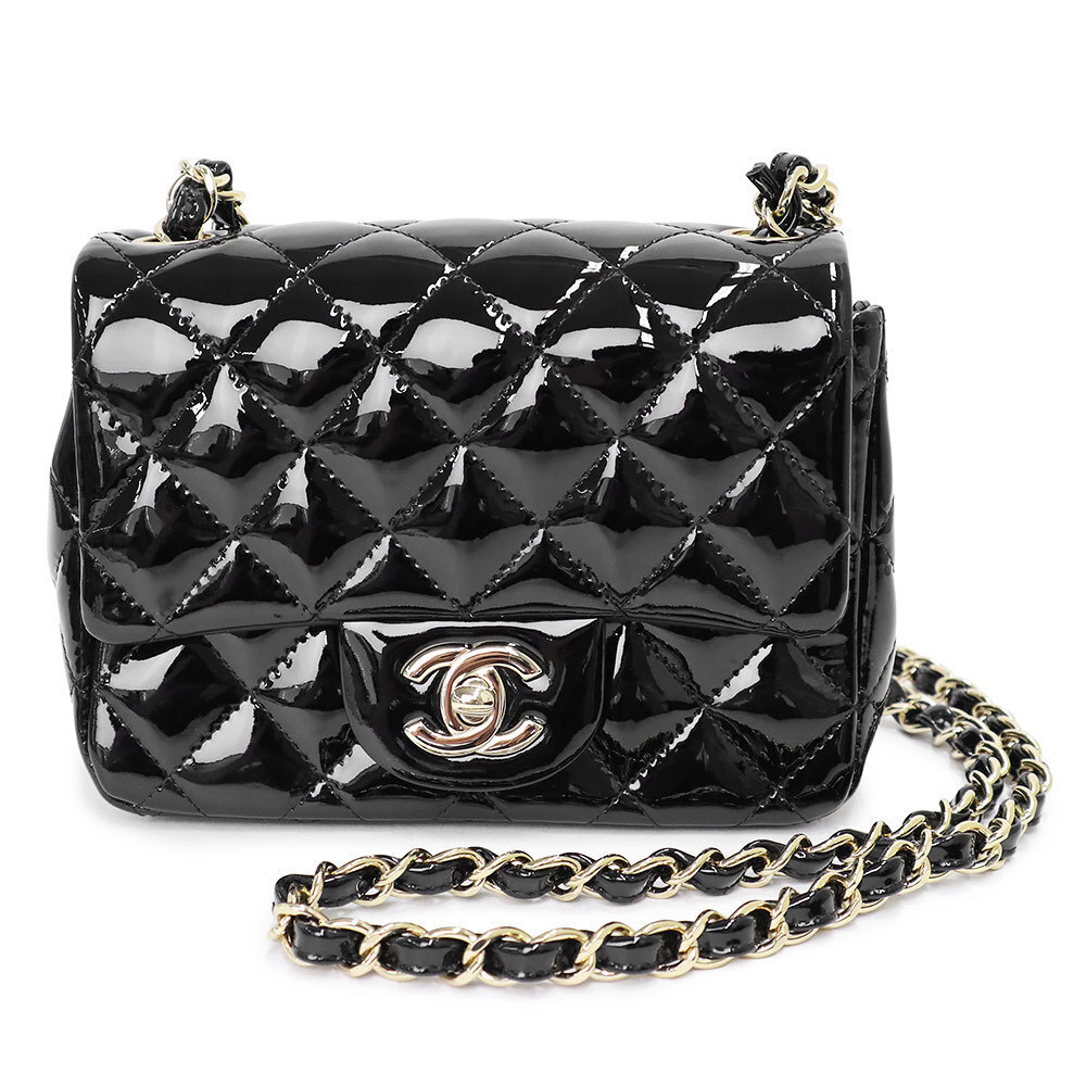 Chanel Mini Flap Matelasse Chain Shoulder Bag Patent Leather Black